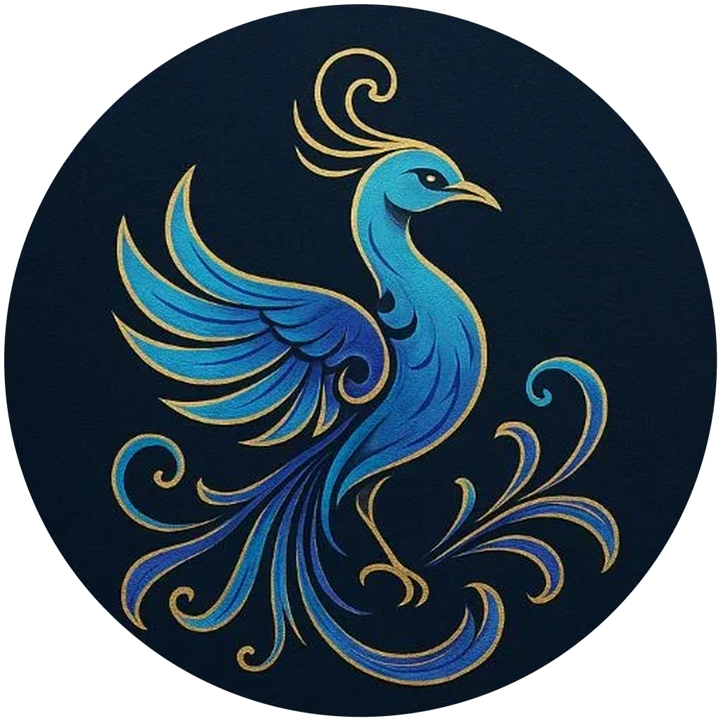 Illustration : un oiseau fabuleux bleu et or, aux plumes en arabesques, sur un fond bleu nuit